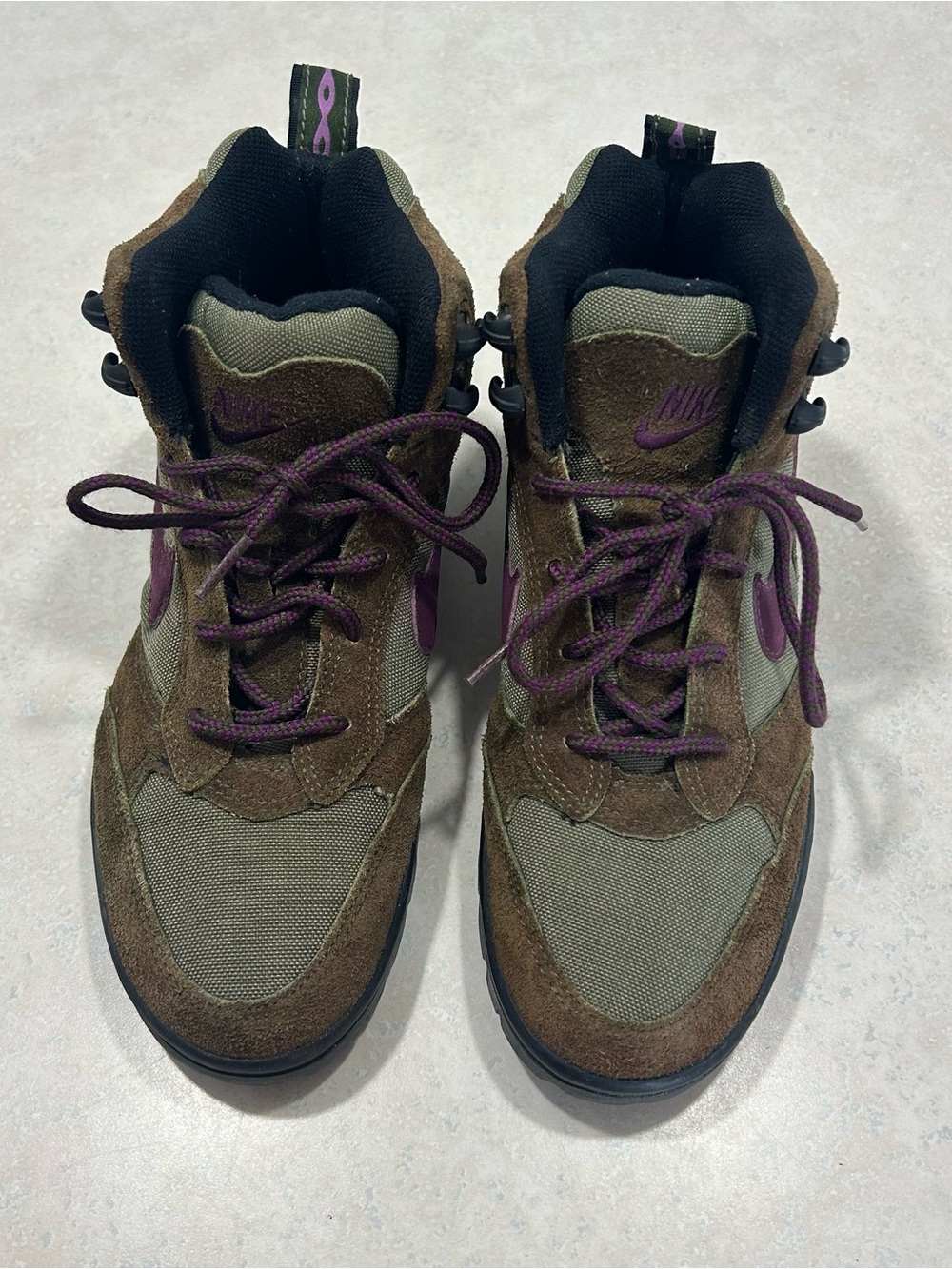 Nike Brown and Olive Hiking Boots with Purple Accents